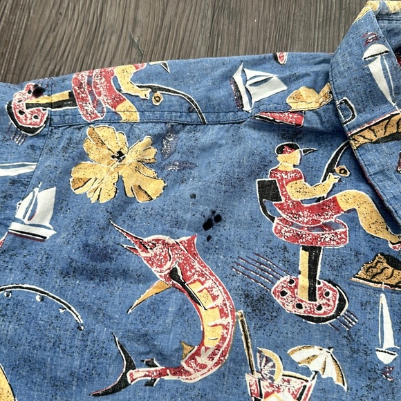 VINTAGE AVI BY KAHALA BLUE GRAPHIC HAWAIIAN BUTTON DOWN SHIRT MENS XL - Picture 5 of 8